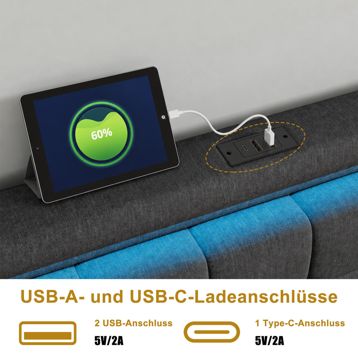 POLSTERBETT，BETT 160/200 cm Dunkelgrau,Mit 4 Schubladen, LED und Ladefunktion - Naturfarben/Grau, Holz/Textil (160/200cm) - FURNISHINGS HOME