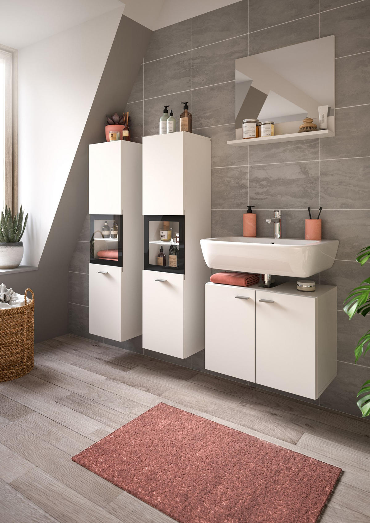 BADKOMBINATION 4tlg. Boston/Tampa Bad in weiß Nachbildung und schwarz B/H/T: 137x186x33 cm - Weiß, Holzwerkstoff (137/186/33cm)