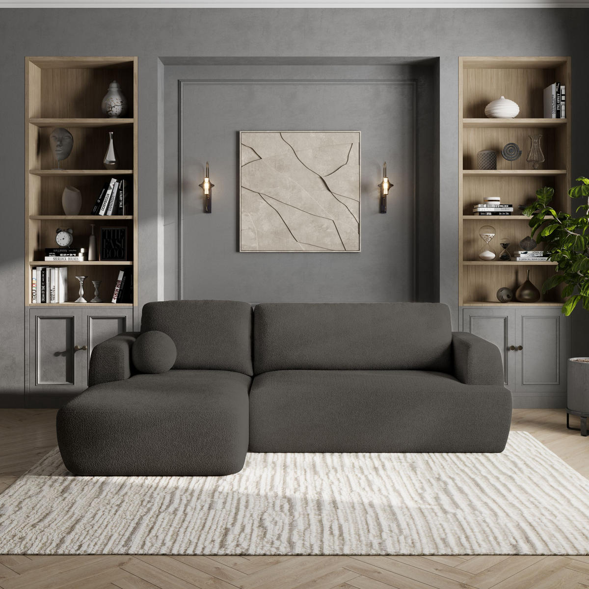 ECKSOFA SENTI N L-S Grau Boucle-Stoff mit Schlaffunktion - Grau, Holz (246/148cm) - MASSENO