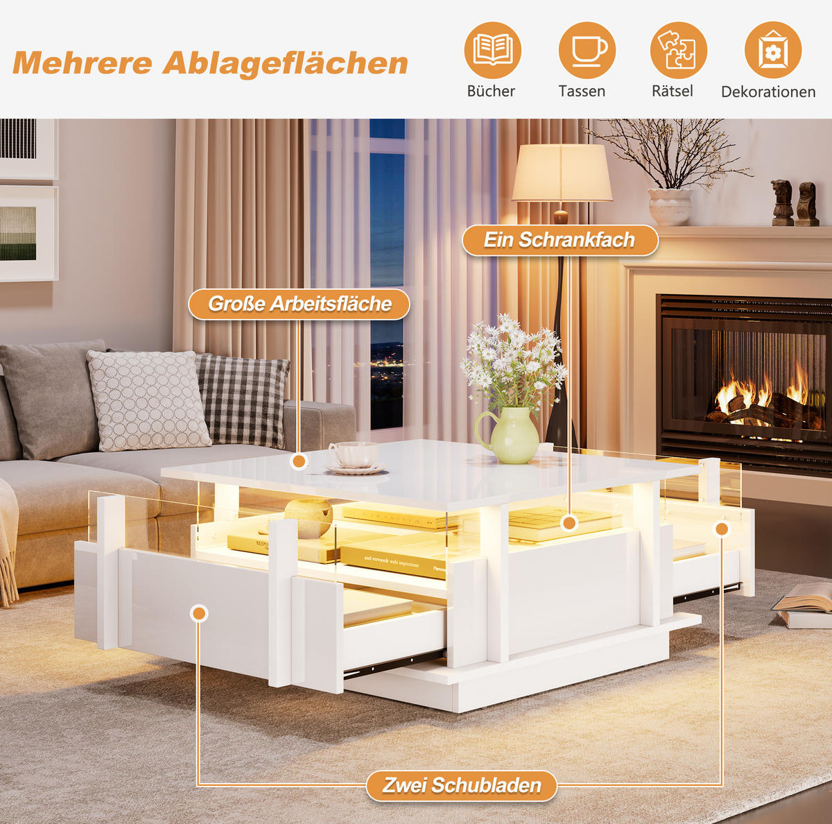 COUCHTISCH 70/70/35 cm Weiß aus Spanplatte mit 2 Schubladen und LED-Beleuchtung - Weiß, Holzwerkstoff (70/70/35cm) - OKMYHOME