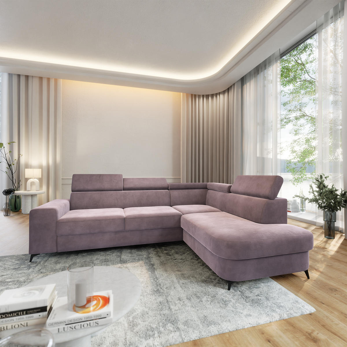 ECKSOFA ALVORO R-S Lila Velours-Stoff mit Schlaffunktion - Lila, Holz (253/190cm) - MASSENO