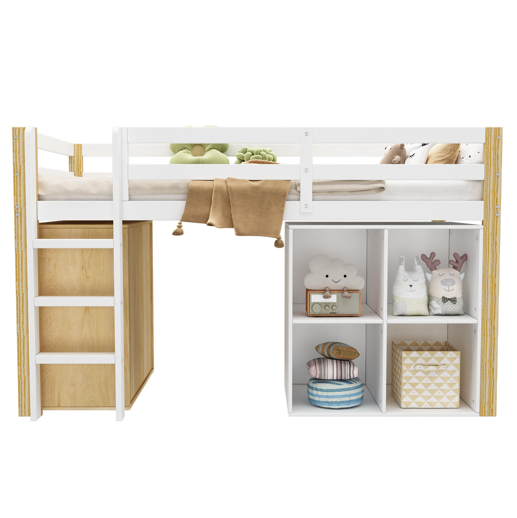 HOCHBETT 90/200 cm aus Massivholz mit 2 Aufbewahrungsschränken und Leiter Natur/Weiß - Weiß, Holz (90/200cm) - Modenvie
