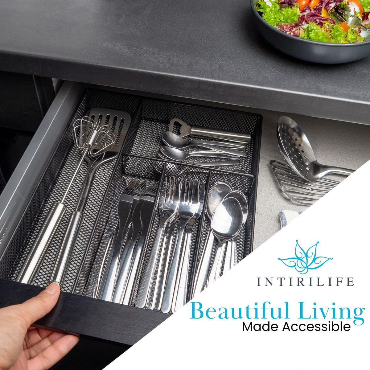 BESTECKKASTEN Schubladeneinsatz mit 5 Fächern 38/30/5,5 cm - Schwarz, Metall (30/6/39.2cm) - Intirilife