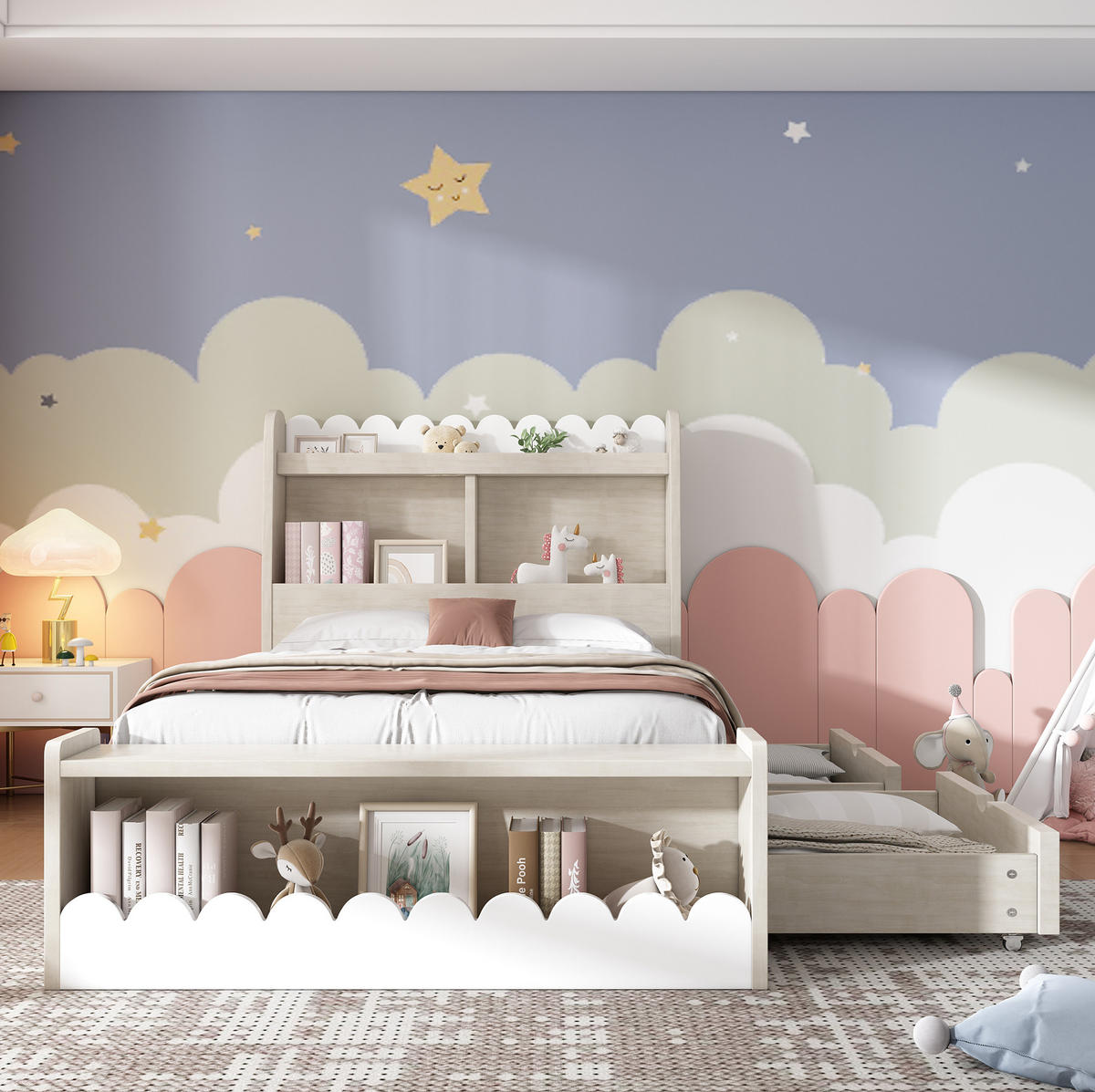 KINDERBETT 90/200 cm aus Massivholz und MDF mit Schubladen, Regal und Sitzbank Weiß/Eichefarben - Weiß, Holzwerkstoff (90/200cm) - Modenvie