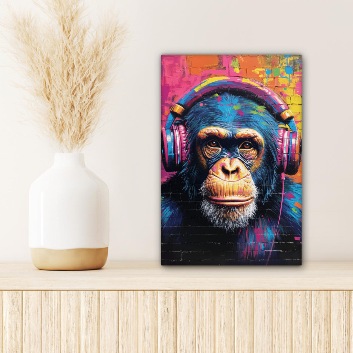 LEINWANDBILD Graffiti - Schimpanse - Straßenkunst - Kopfhörer - Affe Deko Wohnzimmer 20x30 cm - Blau, Textil (20/30cm) - MuchoWow
