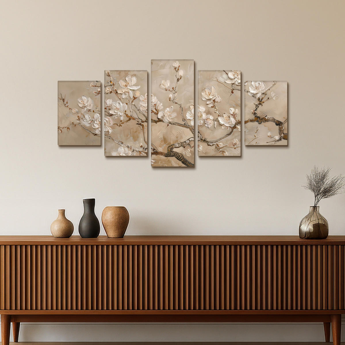 LEINWANDBILD 5er Set Beige - Blüte - Modern 100x50 cm - Greige, Textil (100/50cm) - MuchoWow