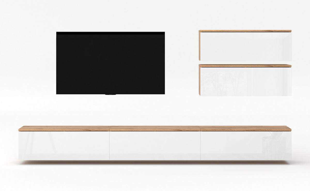 WOHNWAND Loriano V Eiche, Wotan, Weiß Hochglanz 300/102/32 cm Anbauwand - Braun/Weiß, Holzwerkstoff/Kunststoff (300/102/32cm) - AX Living
