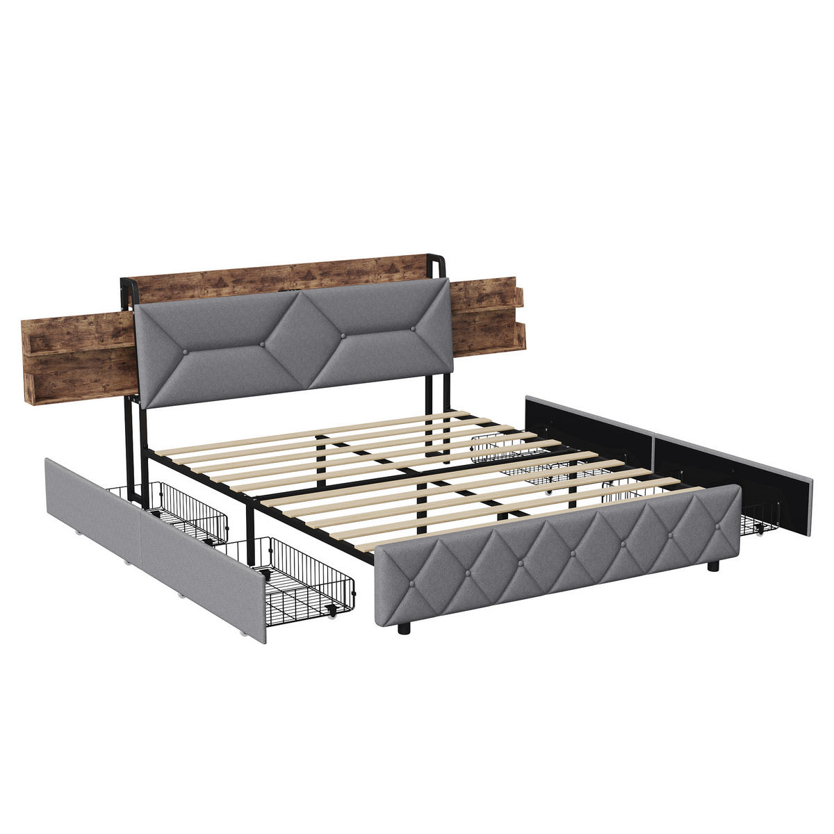 POLSTERBETT 140x200 cm 4 Schubladen USB Kopfteil grau - Grau, Holz (140/200cm) - LEBENLANG