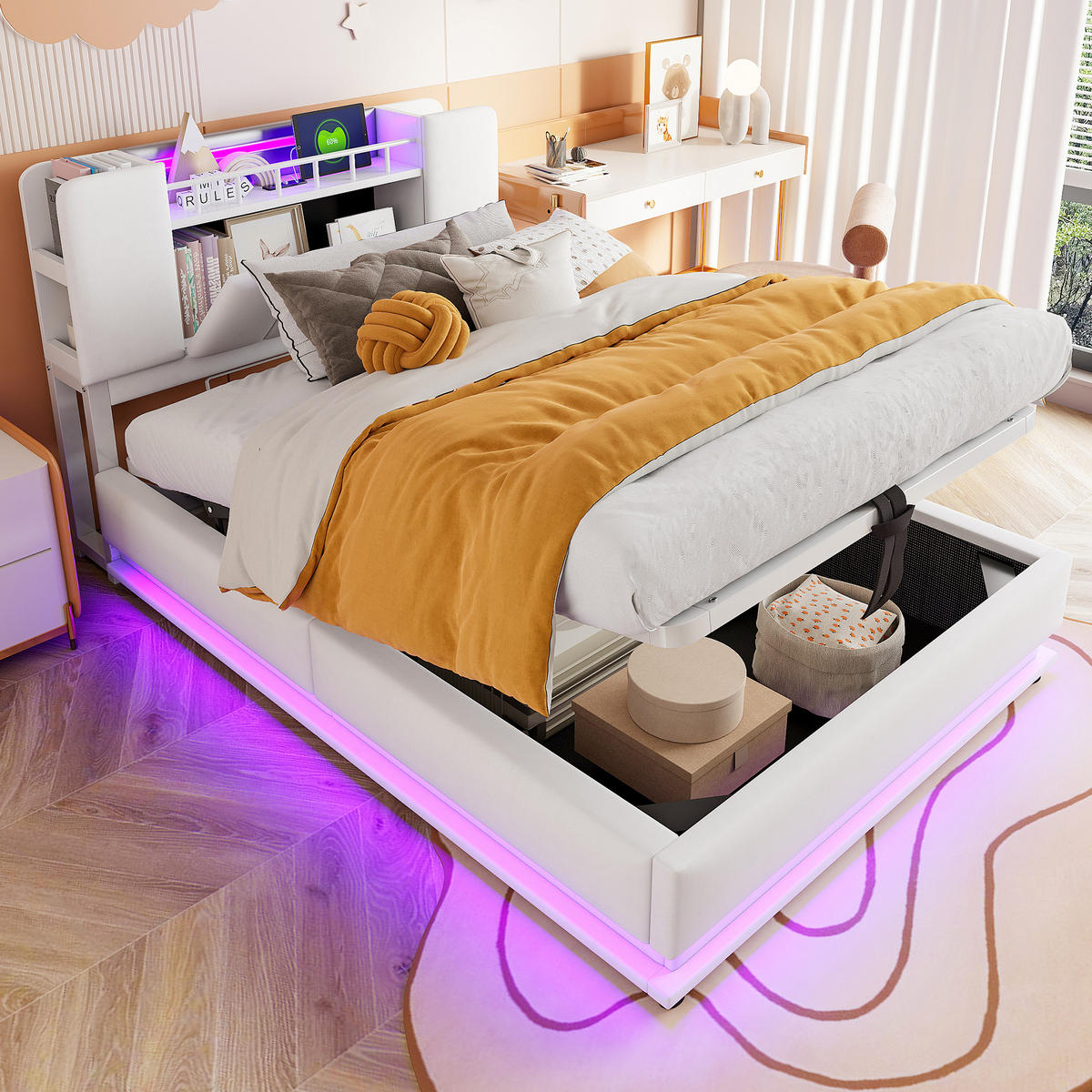 POLSTERBETT 90/200 cm Beige mit Stauraum mit LED-Beleuchtung und USB- und Type-C-Anschlüssen Samtbezug - Beige, Textil (90/200cm) - OKWISH