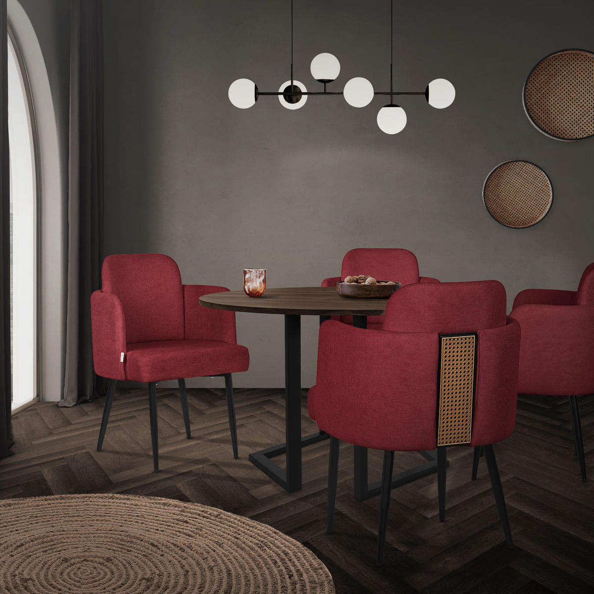 ESSZIMMERSTÜHLE 2er Set Rot mit Stoffbezug Rattan Optik - Rot/Schwarz, Textil/Metall (59/86/59cm) - ML-DESIGN