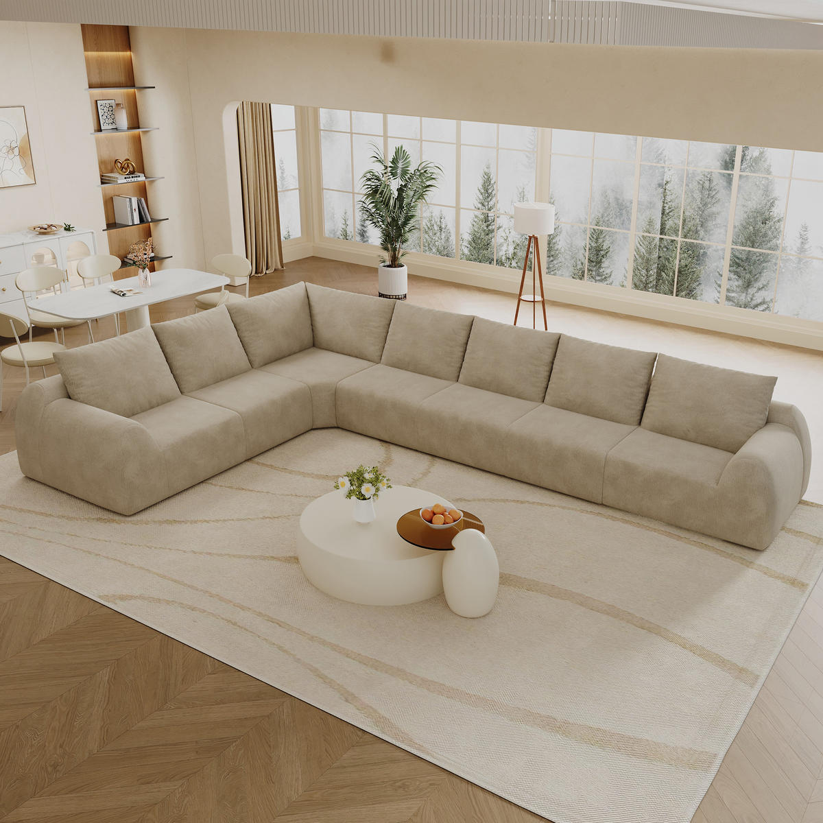 ECKSOFA 401/267/85 cm Khaki Chenille, 7-Sitzer - Sandfarben/Graubraun, Textil (401/267cm) - Oxeza