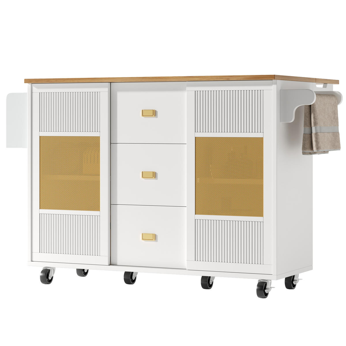 KÜCHENINSEL 146,85/70/90 cm weiß mit Klapptisch und Rollen - Weiß, Holzwerkstoff (146.85/90/70cm) - OKWISH