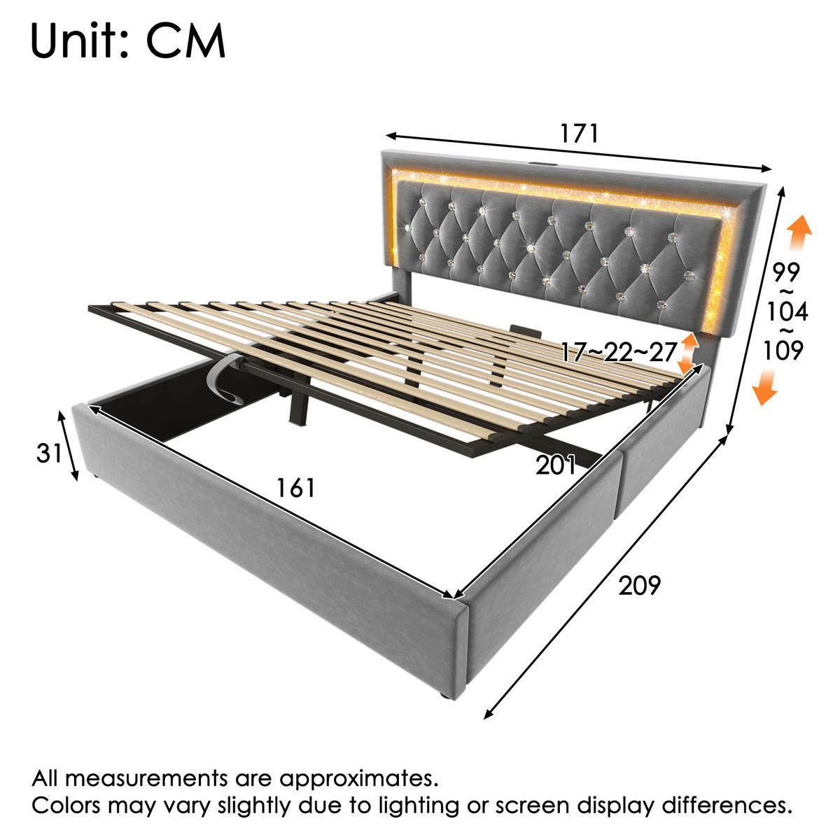 POLSTERBETT mit Bettkasten 160x200 cm Samt Grau mit LED und USB - Grau, Metall (160/200cm) - Meubliv
