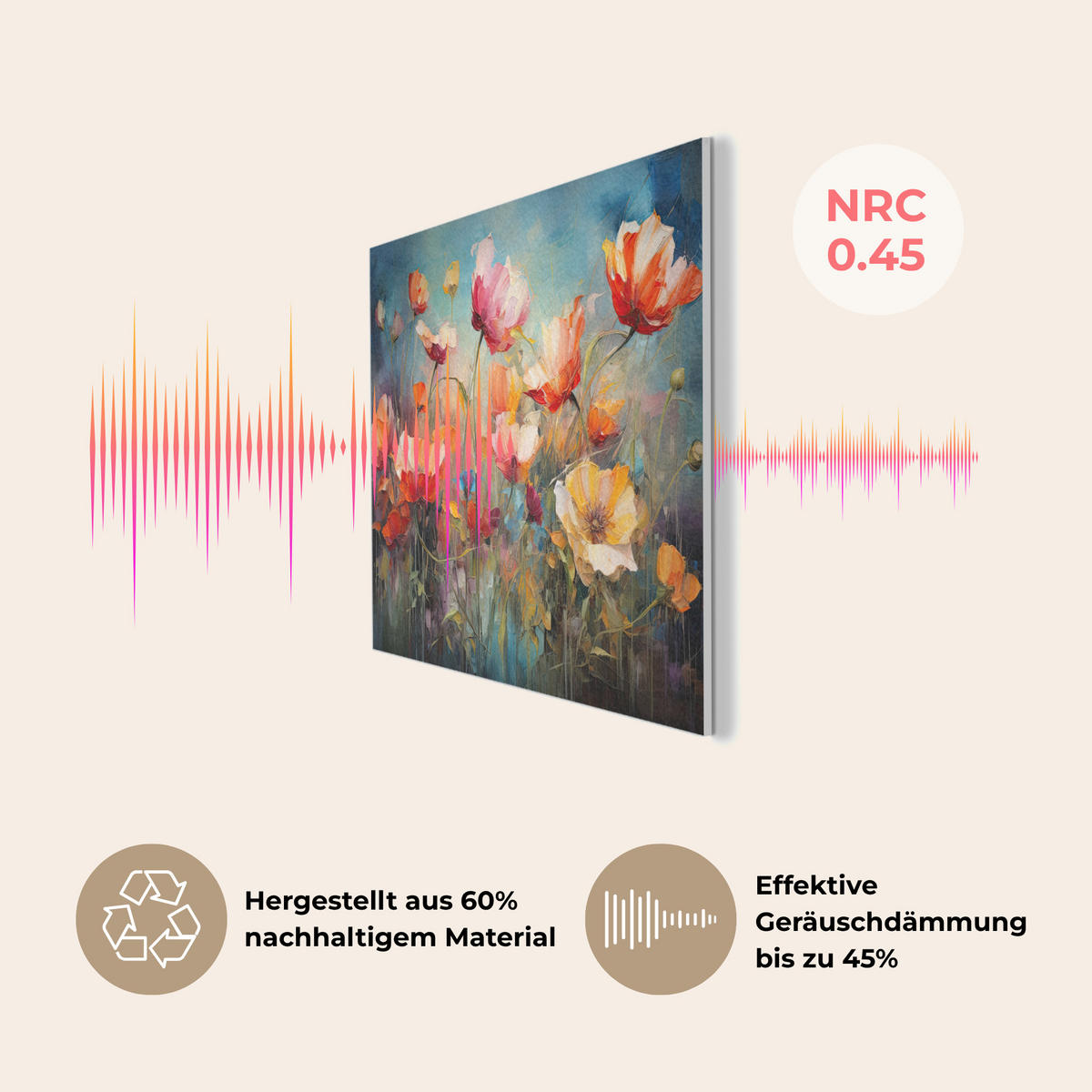 AKUSTIKPANEEL Blumen - Aquarell - Kunst - Botanisch - Natur 100x70 cm - Orange, Textil (100/0.9/70cm) - MuchoWow