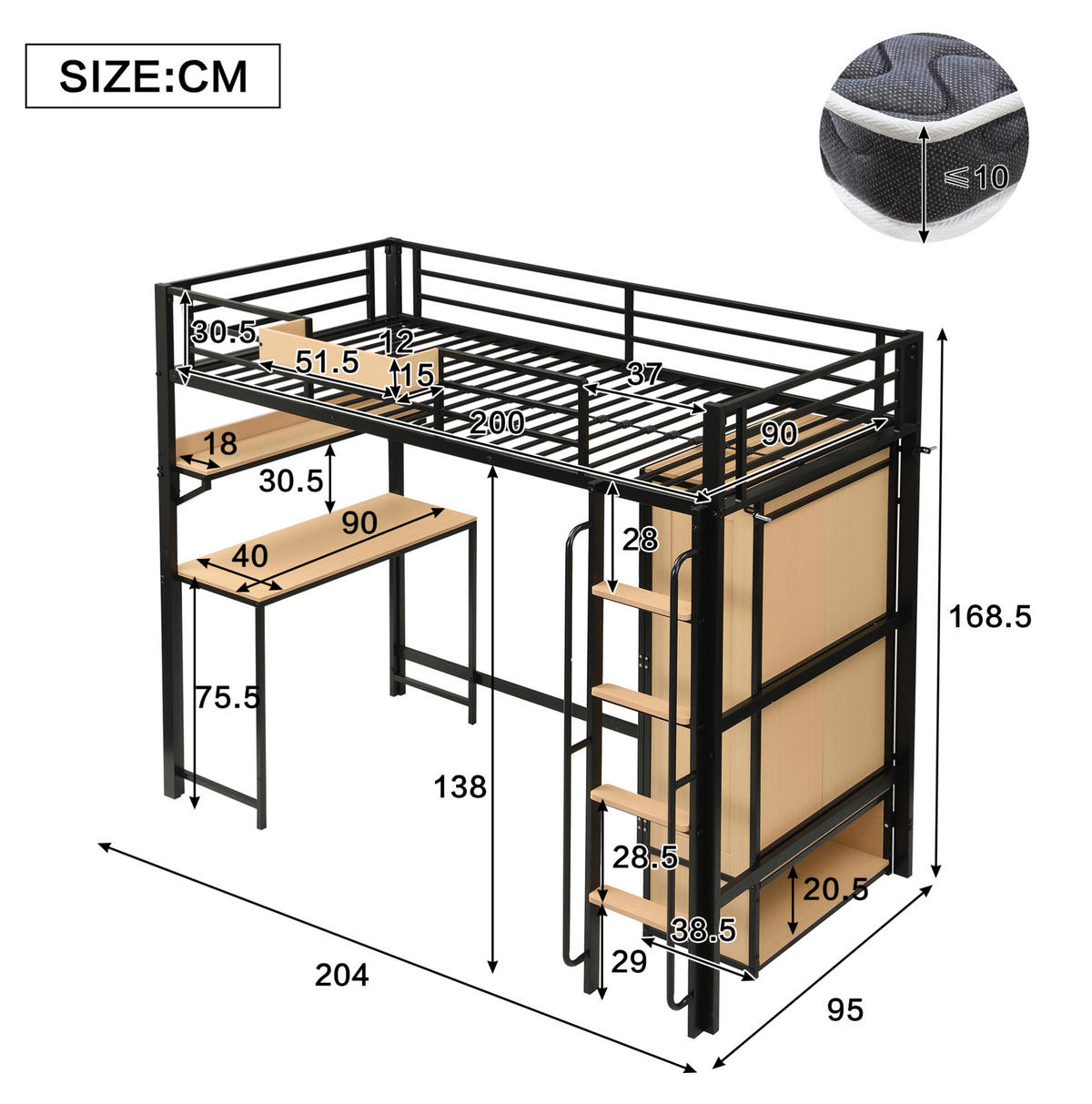 VYSOKÁ posteľ 90/200 cm čierna/prírodná z kovu a MDF s písacím stolom šatníkom a policou - čierna, kov (90/200cm) - OKWISH