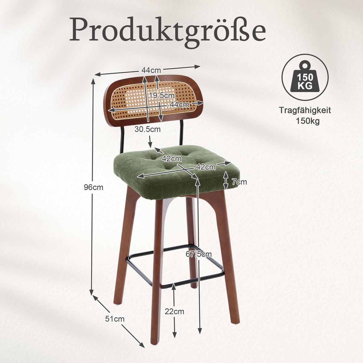 BARHOCKER 2er Set, 360° drehbar, Wiener Geflecht/Chenille, 67,5cm Sitzhöhe, Grün - Wildeiche/Grün, Holz/Textil (44/96/51cm) - LVHOM