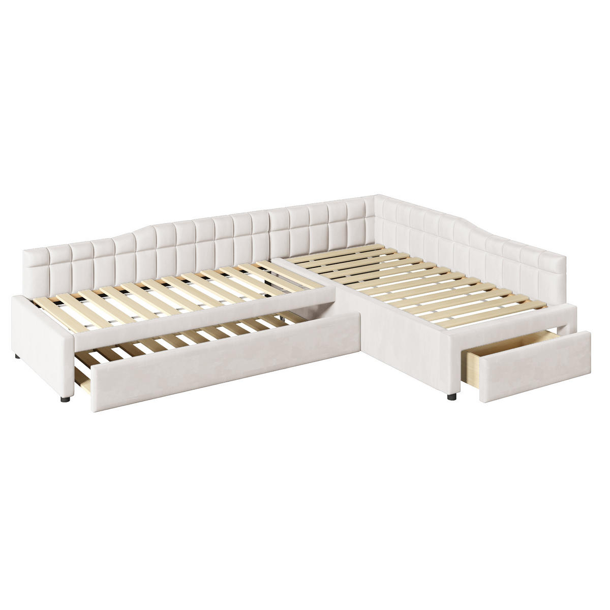 POLSTERBETT 90/200 cm & 90/200 cm in Beige mit Ausziehbett, Schubladen und Samtbezug - Beige, Holzwerkstoff/Textil (90/200cm) - STILVORA