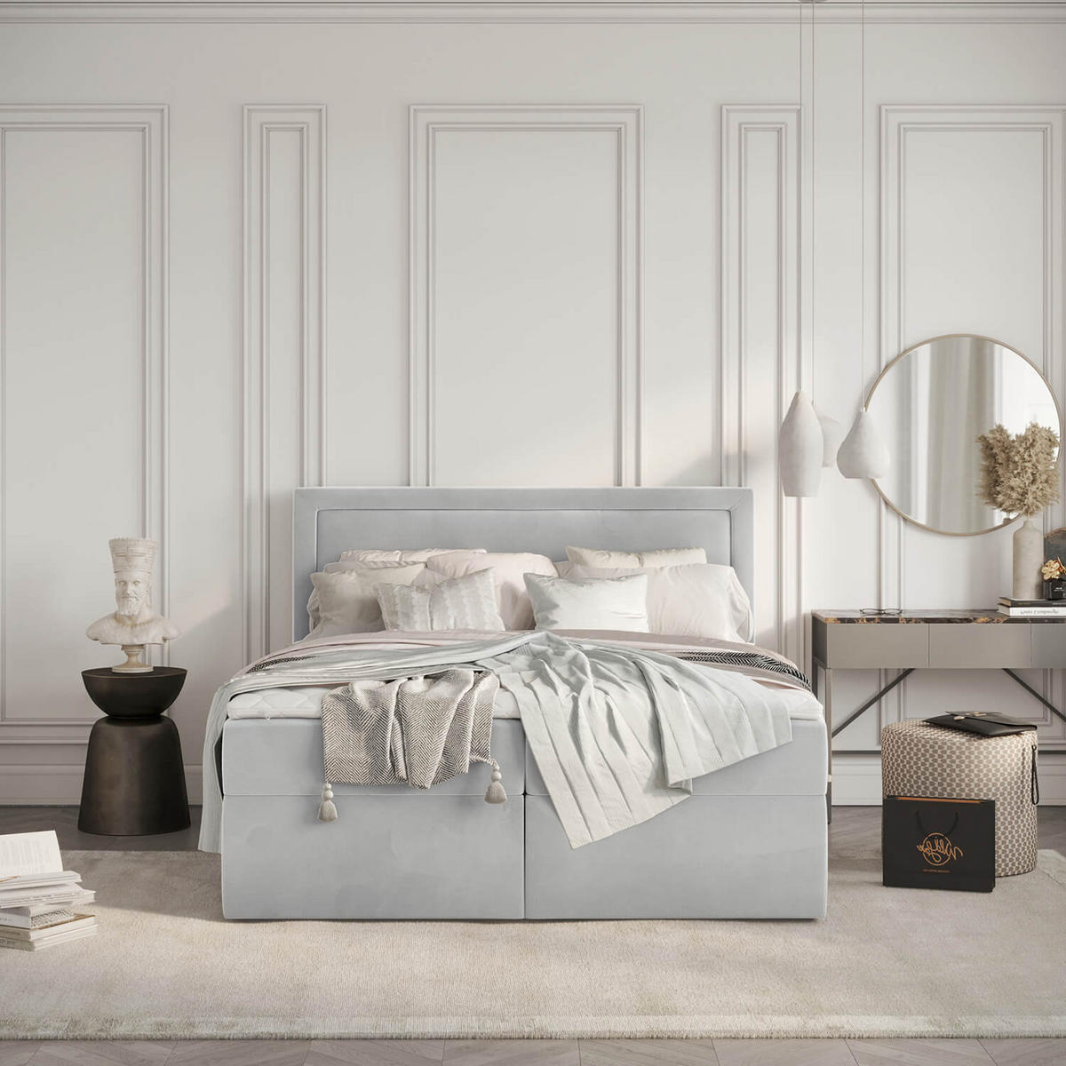 BOXBETT Jodan 160/200 cm Hellgrau im Magic Velvet Stoff - Hellgrau/Schwarz, Holz/Holzwerkstoff (160/200cm) - AltaBeds