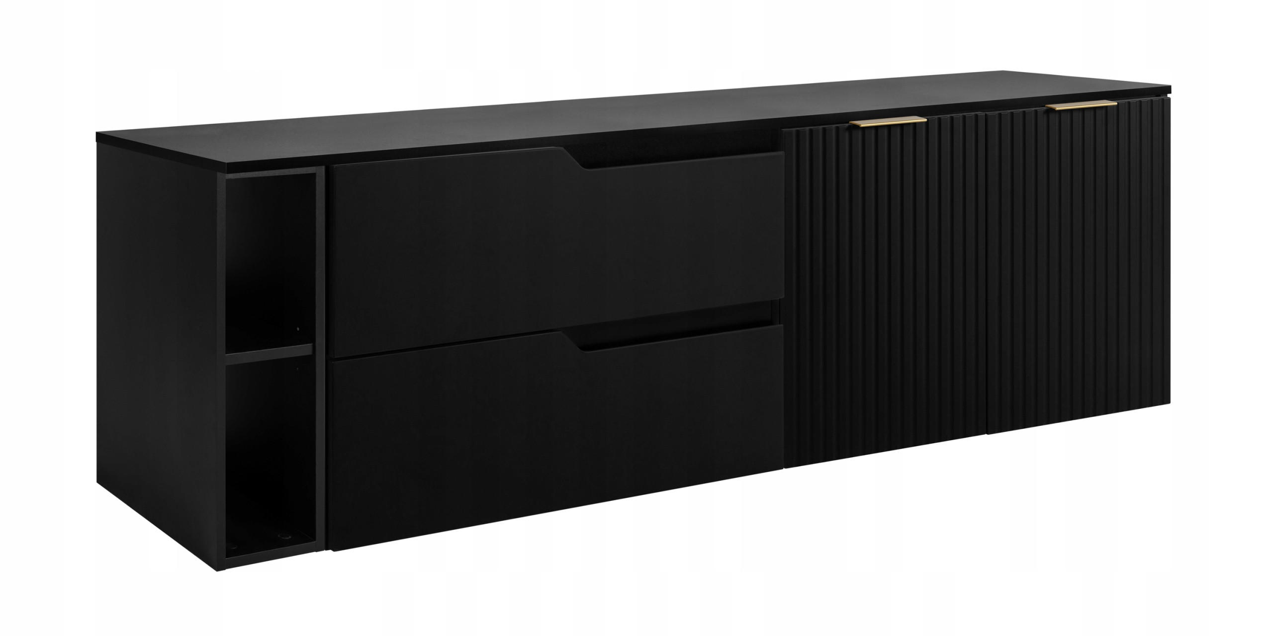 WASCHBECKUNTERSCHRANK MODERN 160 cm mit Arbeitsplatte Farbe: Schwarz mit geriffelter Vorderseite + Regal Farbe: Schwarz - Schwarz - Schwarz, Holzwerkstoff (160/57/46cm) - Rodan