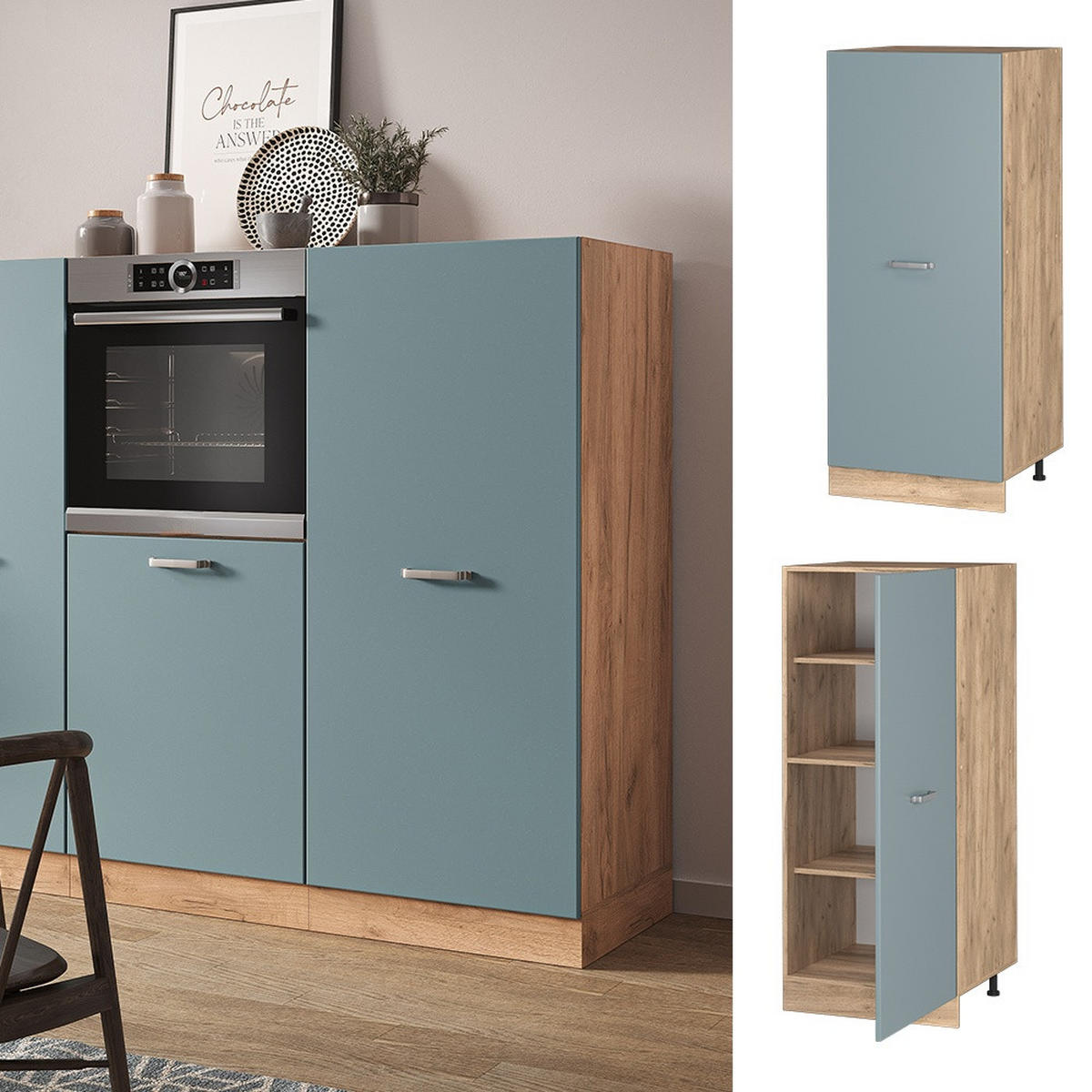 VORRATSSCHRANK R-Line Blau-Grau 60 cm - Honigeiche/Blaugrau, Holzwerkstoff (60/143/57cm) - Vicco