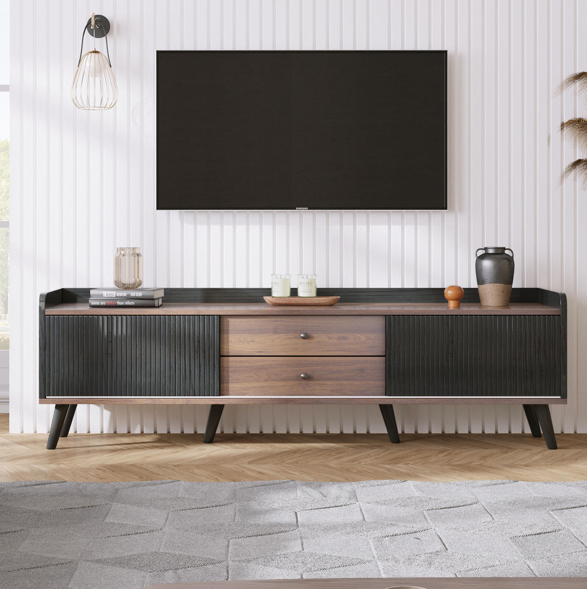 LOWBOARD 160/40/58 cm Schwarz/Holz aus Spanplatte mit 2 Schiebetüren und 2 Schubladen - Schwarz, Holzwerkstoff (40/58/160cm) - OKMYHOME