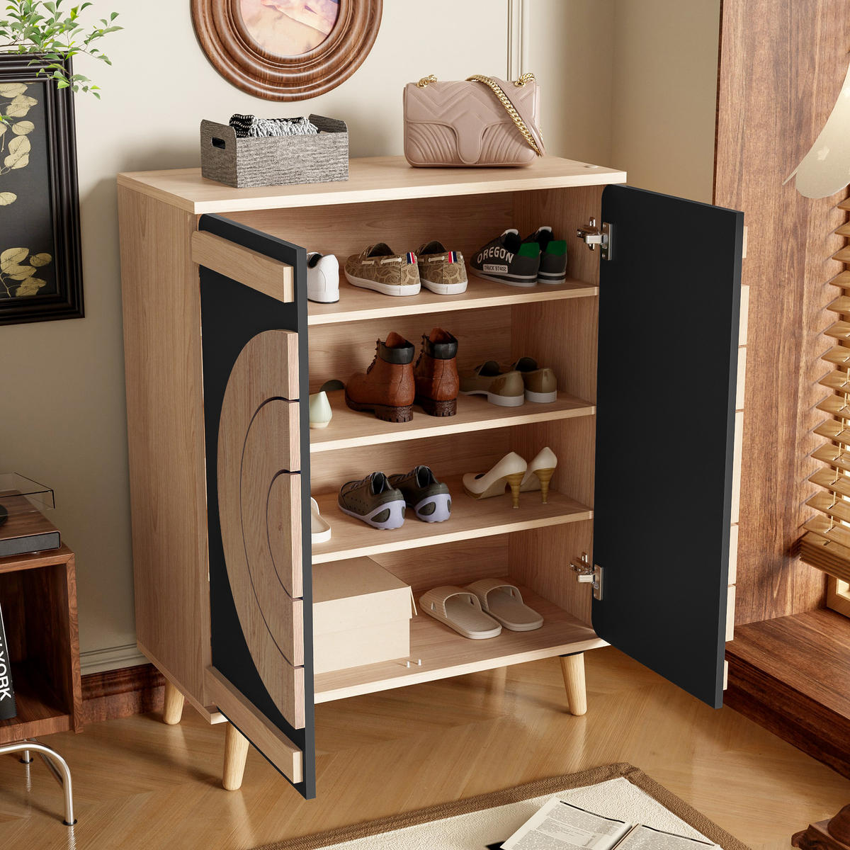 SCHUHSCHRANK Modern Runde Geometrische Türen Stauraum Holzbeine - Schwarz, Holzwerkstoff (37/98.5/76cm) - FLIEKS