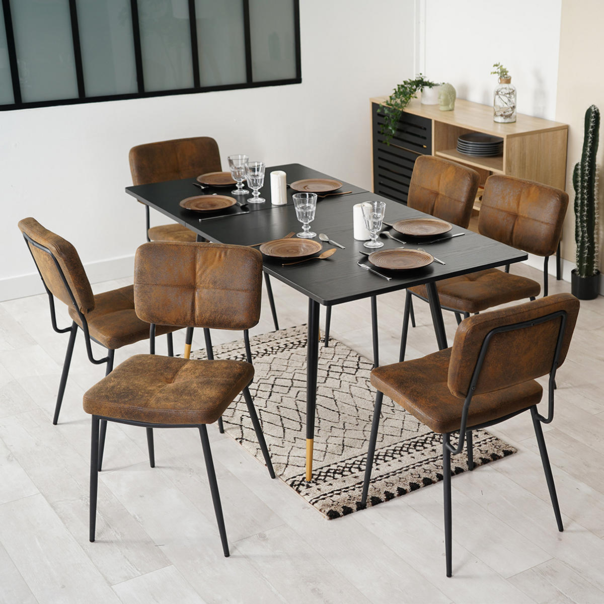 STÜHLE aus 6 Wildlederimitat + Ausziehbarer Esstisch Schwarz mit goldenen Beinen - Multicolor/Schwarz, Metall (45/82/43cm) - Meubles Cosy