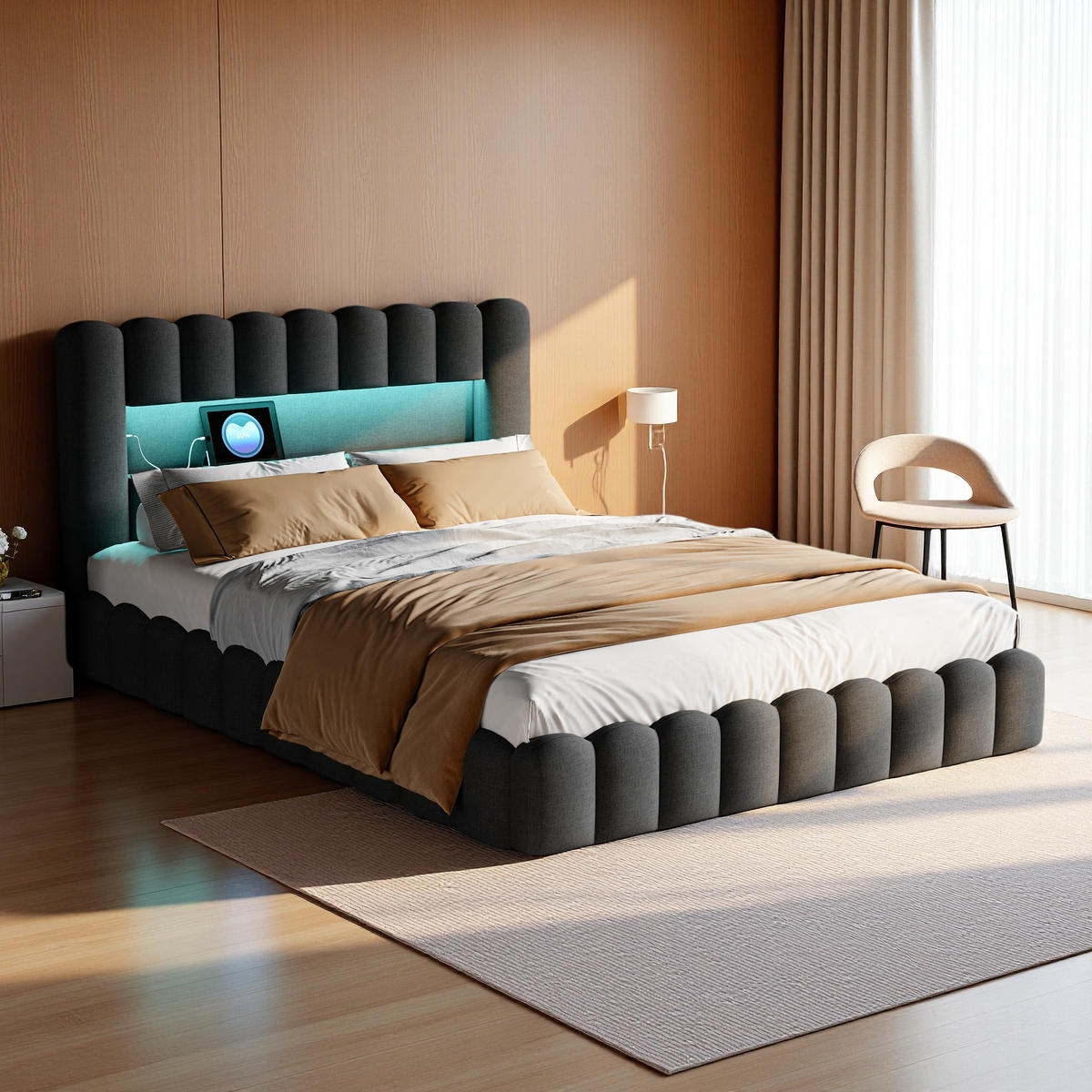POLSTERBETT 160x200 cm Grau USB LED Stauraum Kopfteil - Grau, Metall (160/200cm) - SHOPENTRA