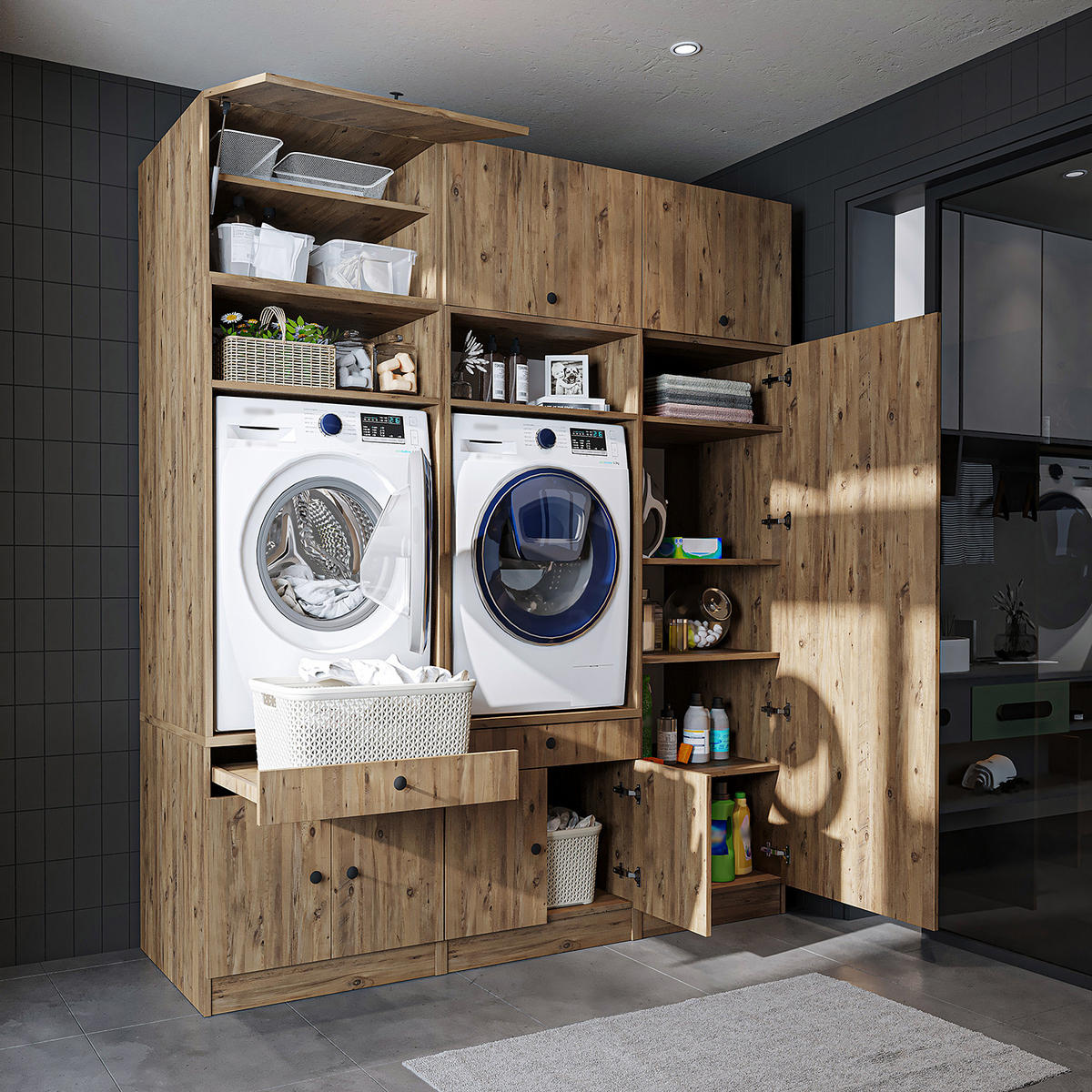 WASCHMASCHINENSCHRANK Serie 1 194cm Breit, 230cm Hoch - Eichefarben, Holzwerkstoff (194/230/67cm)