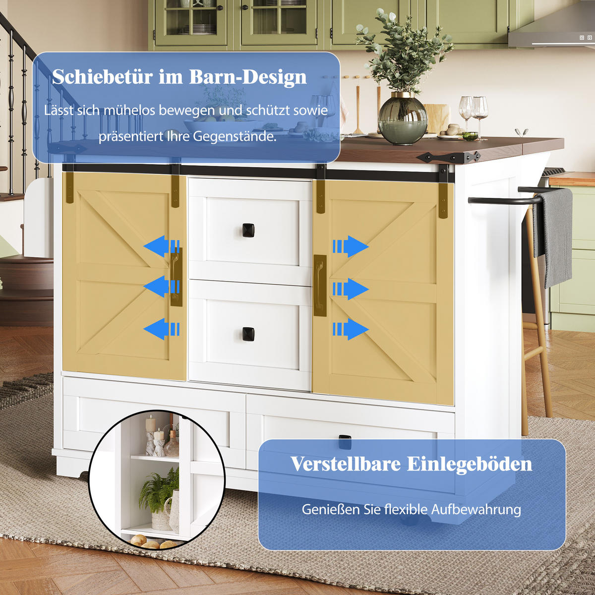 KÜCHENINSEL mit Rollen 142,5/73/92,5 cm Weiß mit 3 Schubladen, 2 Schiebetüren und Höhenverstellbare Böden, MDF - Weiß, Holz/Holzwerkstoff (142.5/92.5/73cm) - Oxeza