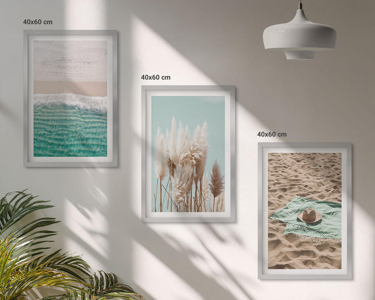 BILDER SET 3er Set - 40x60 cm Silberner Rahmen - Strandwellen Grashut - Silberfarben, Kunststoff (40/60cm) - TULUP