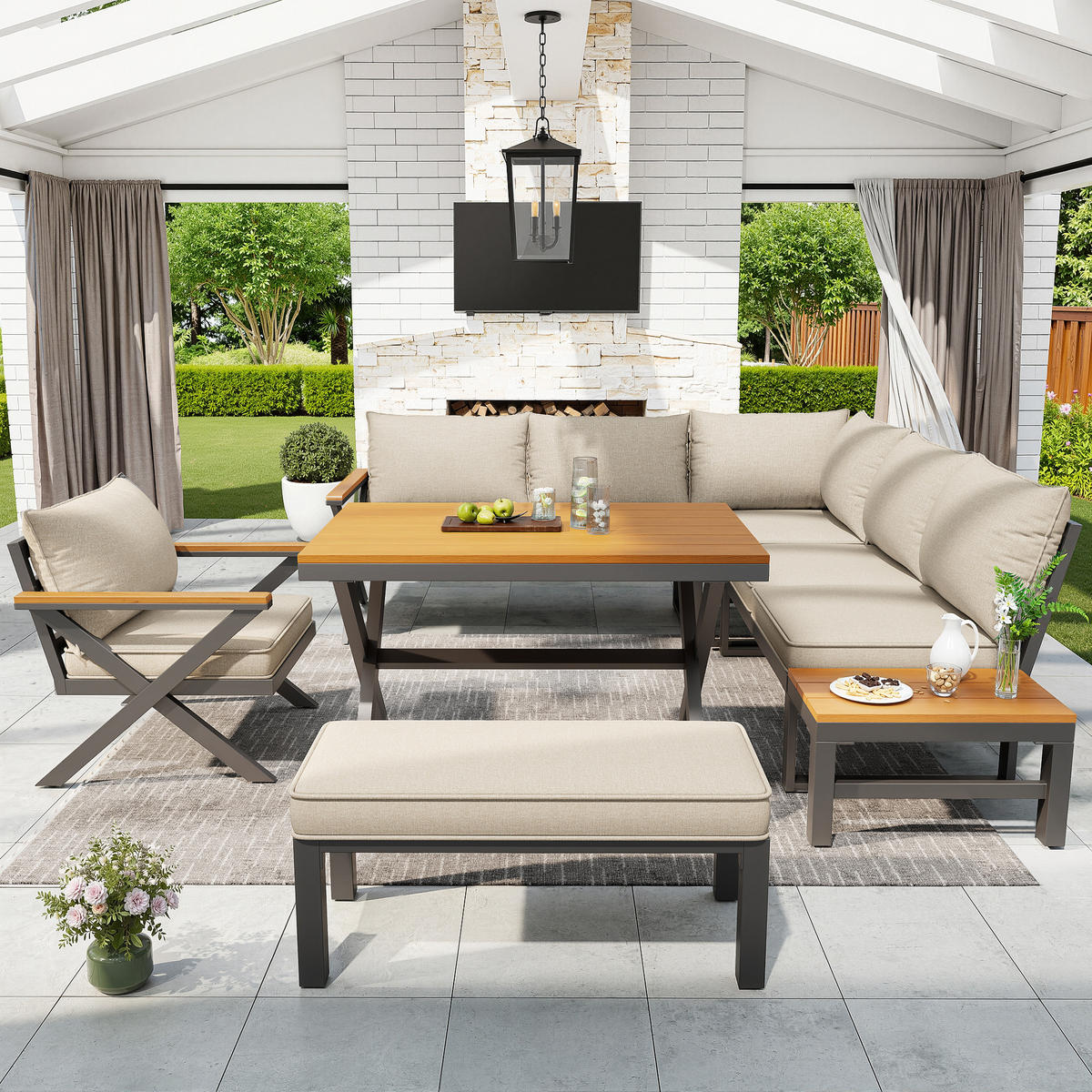 GARTENSETS aus Eisen Beige mit modularer Sitzgruppe im X-Design - Beige, Metall - Modfu