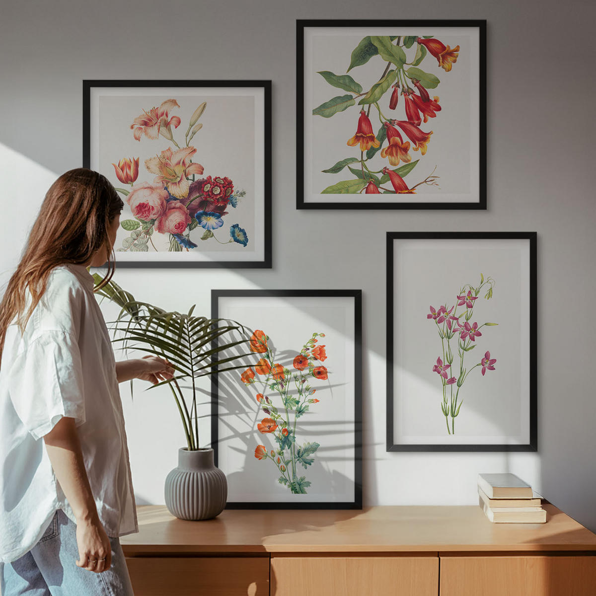 BILDER SET 4er Set - 50x50 cm & 40x60 cm Schwarzer Rahmen - Blumenmalerei im Retro-Stil - Schwarz, Kunststoff (50/50cm) - TULUP