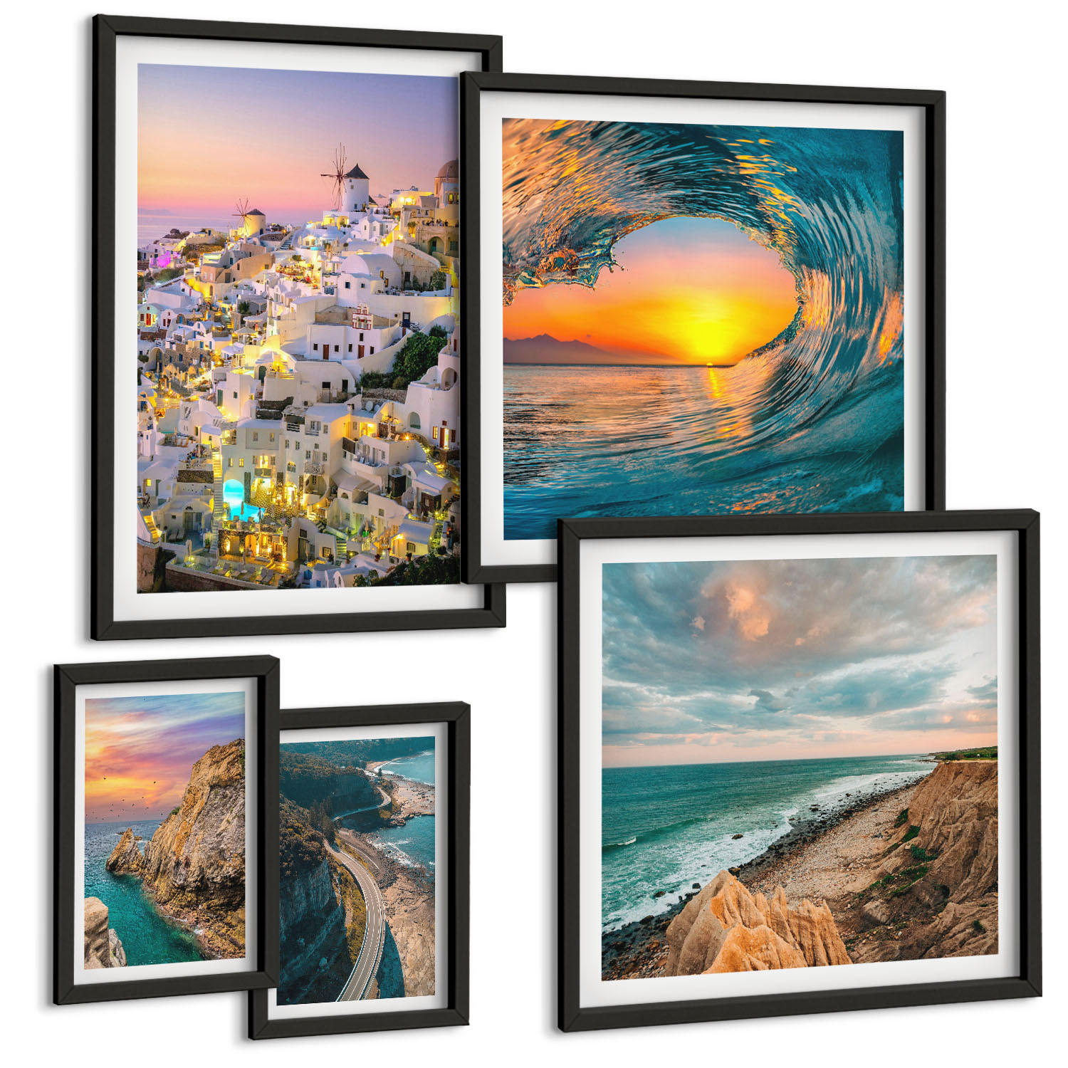 BILDER SET 5er Set - 50x50 cm & 20x30 cm & 40x60 cm Schwarzer Rahmen - Meereswellen, weiße Häuser, Santorini - Schwarz, Kunststoff (40/60cm) - TULUP