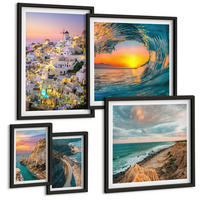 BILDER SET 5er Set - 50x50 cm & 20x30 cm & 40x60 cm Schwarzer Rahmen - Meereswellen, weiße Häuser, Santorini - Schwarz, Kunststoff (40/60cm) - TULUP