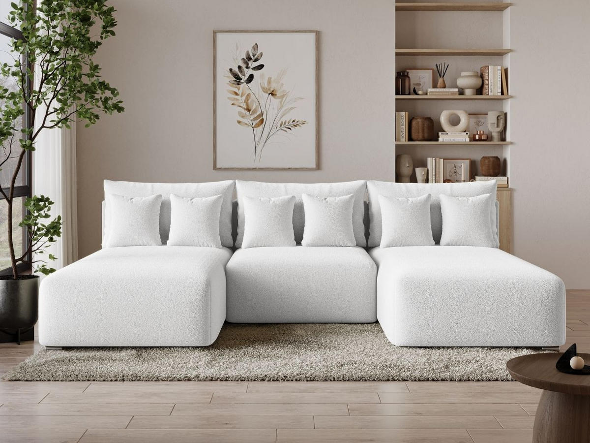 ECKSOFA Ronni U Bouclé-Stoff Weiß - Weiß, Holz/Textil (300/190cm) - Graingold