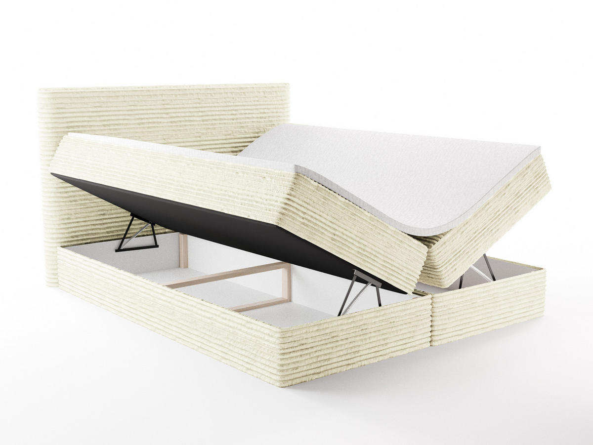 BOXBETT RAVENO mit Bettkasten 160x200 cm inkl. Bonell-Federkernmatratze H3 und Topper – Polsterbett Stoff ASTI Creme - Creme, Textil (160/200cm) - Luxkor24