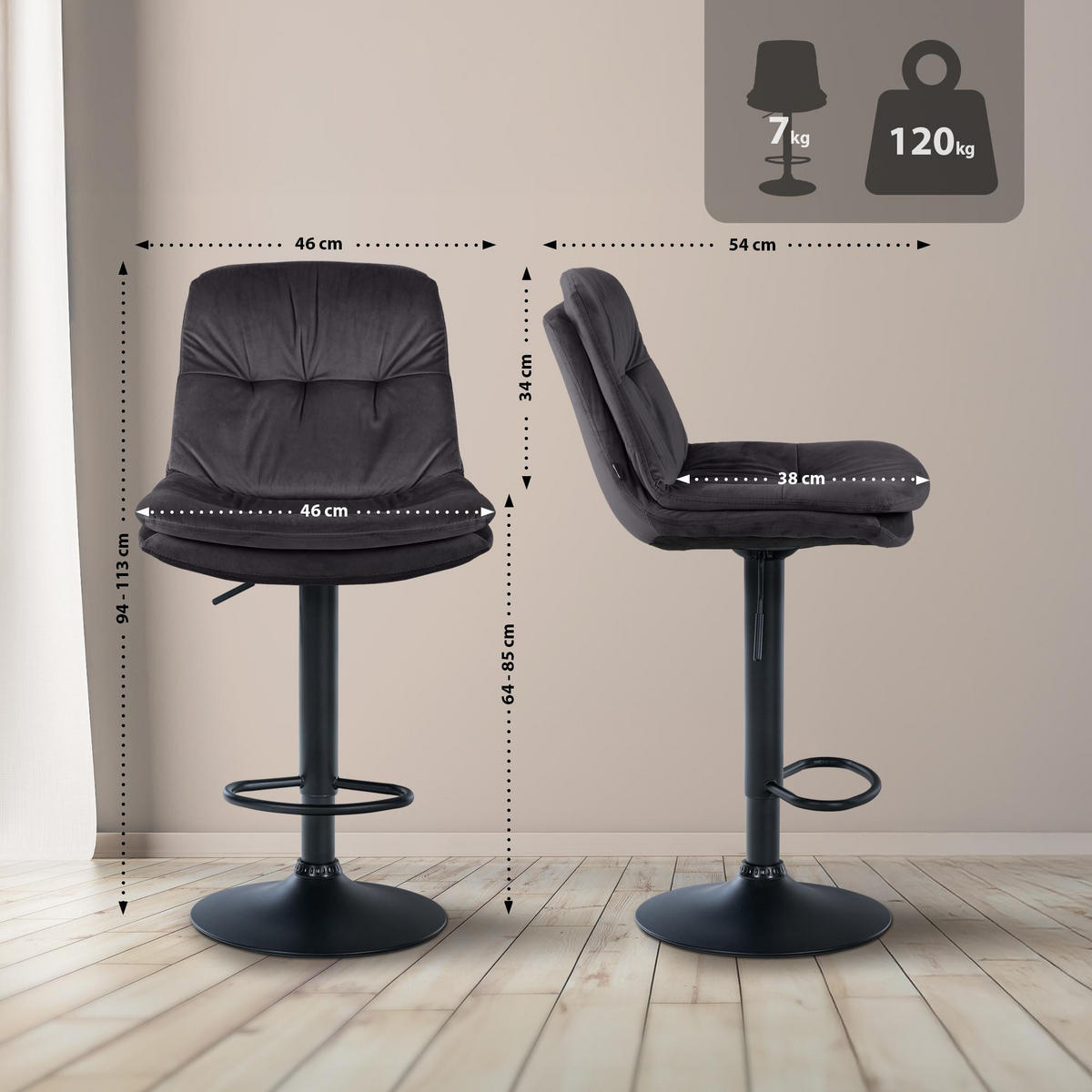 BARHOCKER Samt schwarz - Schwarz, Textil (46/94/54cm) - CLP