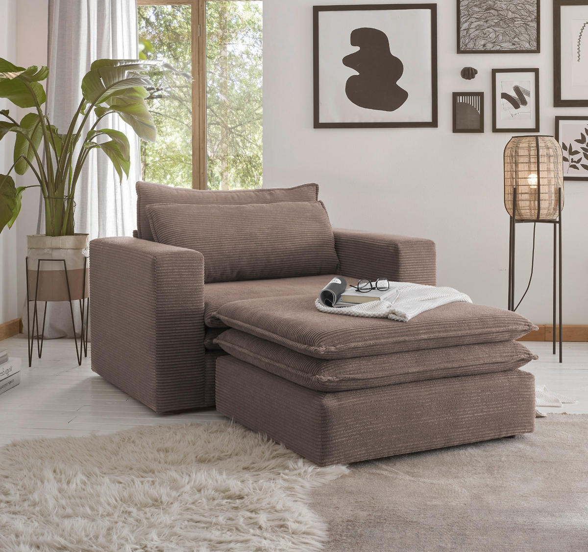 LOVESEAT Set braun Cord, Couch Loungesessel inklusive Hocker - Beige/Braun, Holz/Kunststoff (176/83/125cm) - Furn.Design