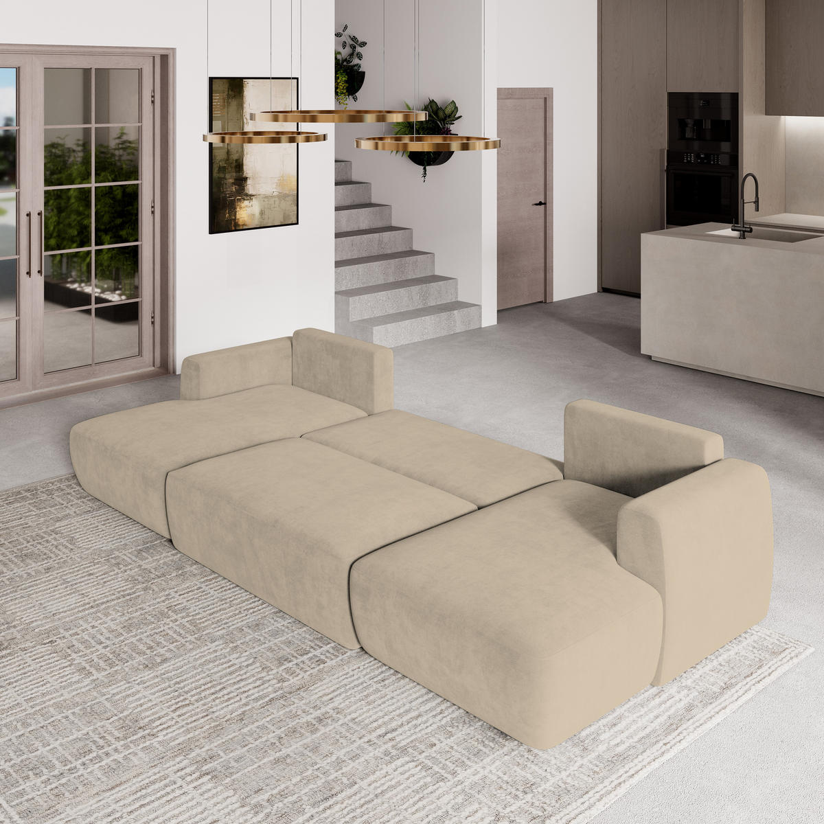 WOHNLANDSCHAFT SENTUM K Beige Plüsch-Stoff mit Schlaffunktion - Beige, Holz (330/90/148cm) - MASSENO