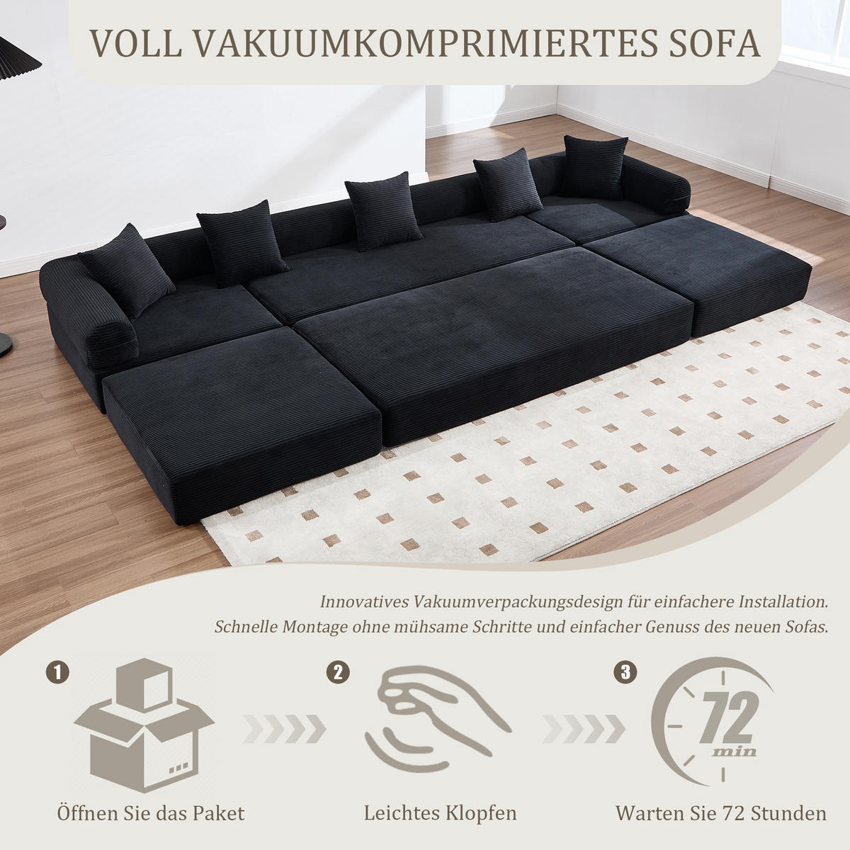 ECKSCHLAFSOFA Modulsofa,Fünfsitzer mit Schlaffunktion,kombinierbar,Cord,Schwarz - Schwarz, Textil (270/180cm) - LVHOM
