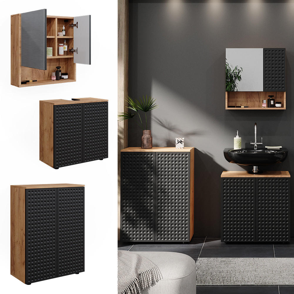 BADMÖBEL-SET Irma Anthrazit gepunktet 3 Teile, mit Unterschrank 60 cm - Anthrazit/Eiche Wotan, Holzwerkstoff (80/58.6/41cm) - Vicco