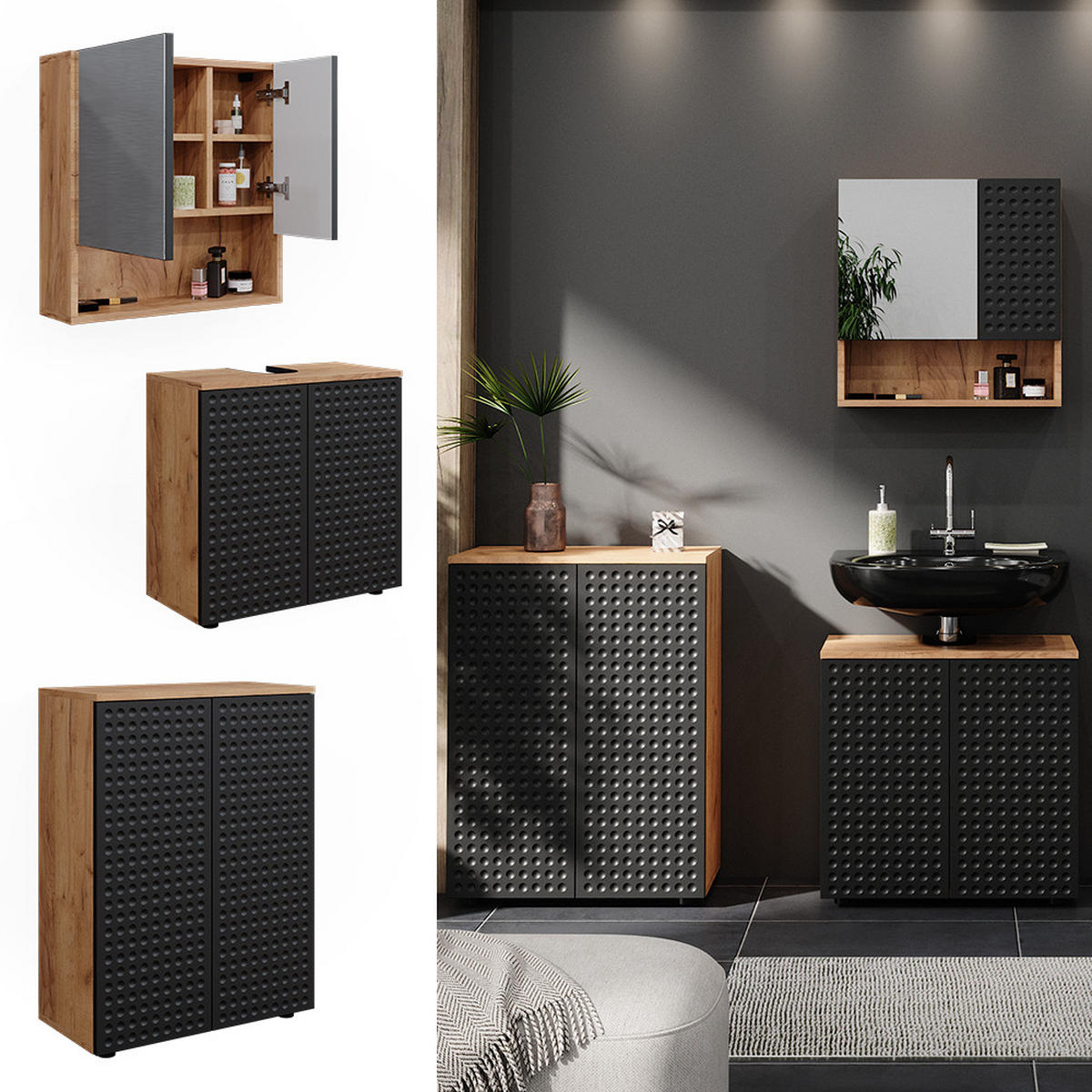 BADMÖBEL-SET Irma Anthrazit gepunktet 3 Teile, mit Unterschrank 60 cm - Anthrazit/Eiche Wotan, Holzwerkstoff (80/58.6/41cm) - Vicco
