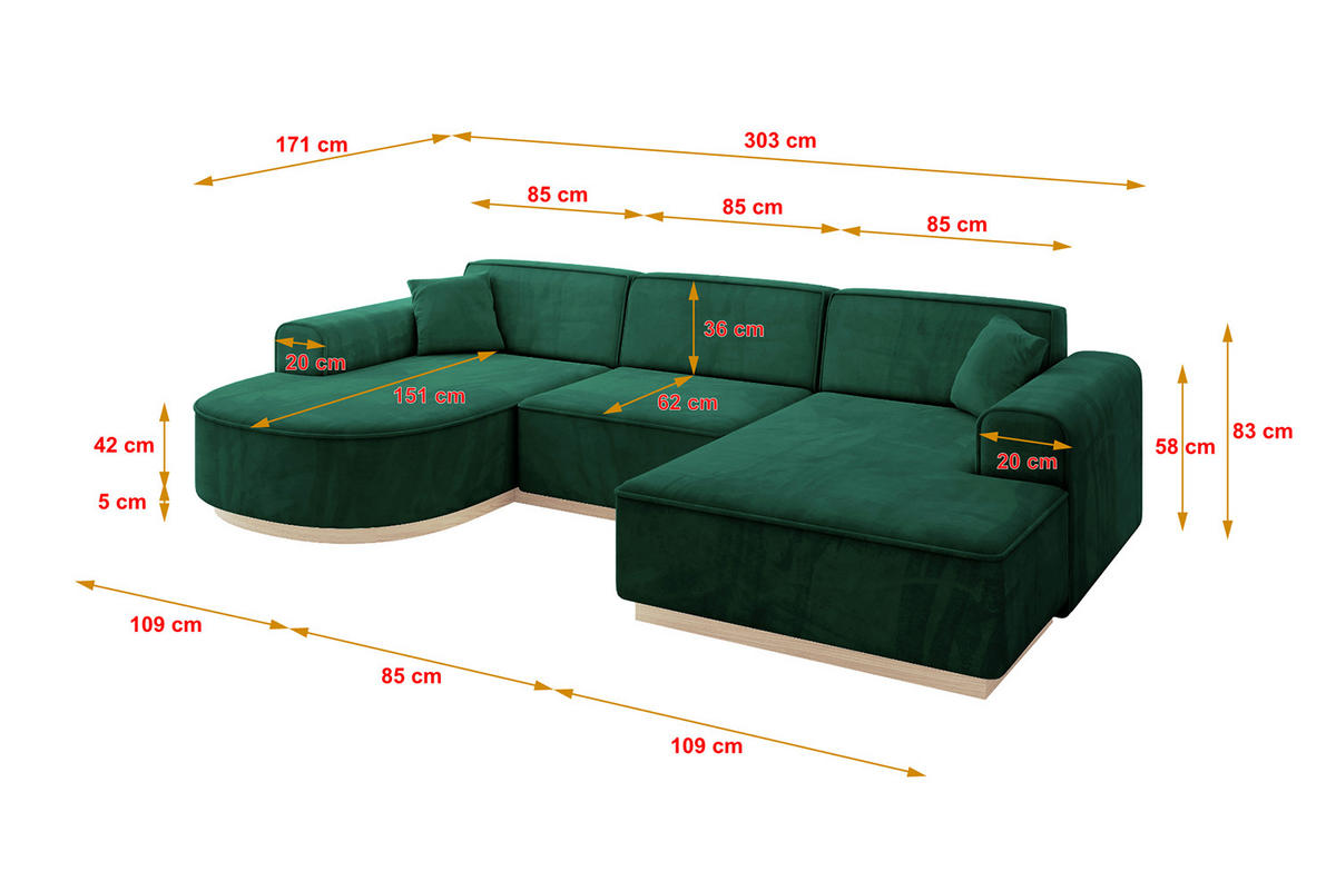 WOHNLANDSCHAFT ARRIO-U1 303x171x83 cm Dunkelgrün - Dunkelgrün, Holzwerkstoff/Textil (303/83/171cm) - ALTDECOR