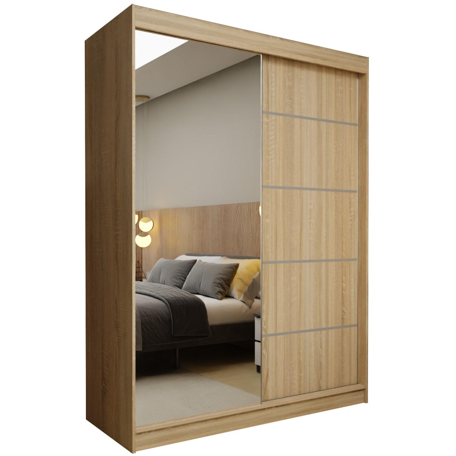 SCHWEBETÜRENSCHRANK MIRELLA 150/216/61 cm 2-türig mit Spiegel Sonoma Eiche - Sonoma Eiche, Holzwerkstoff (150/216/61cm) - MASSENO