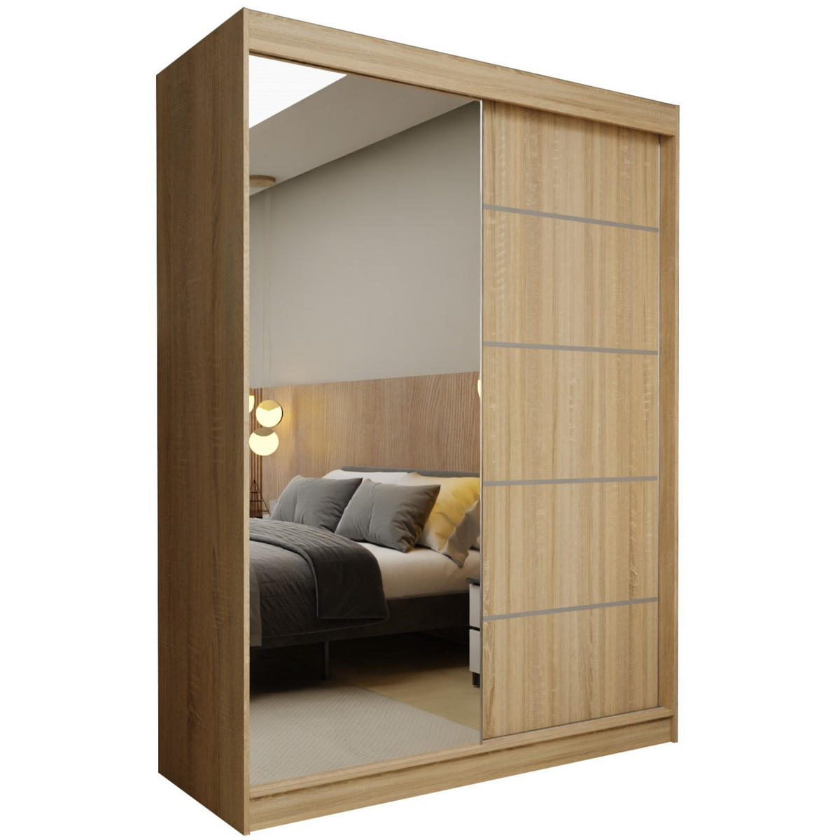 SCHWEBETÜRENSCHRANK MIRELLA 150/216/61 cm 2-türig mit Spiegel Sonoma Eiche - Sonoma Eiche, Holzwerkstoff (150/216/61cm) - MASSENO