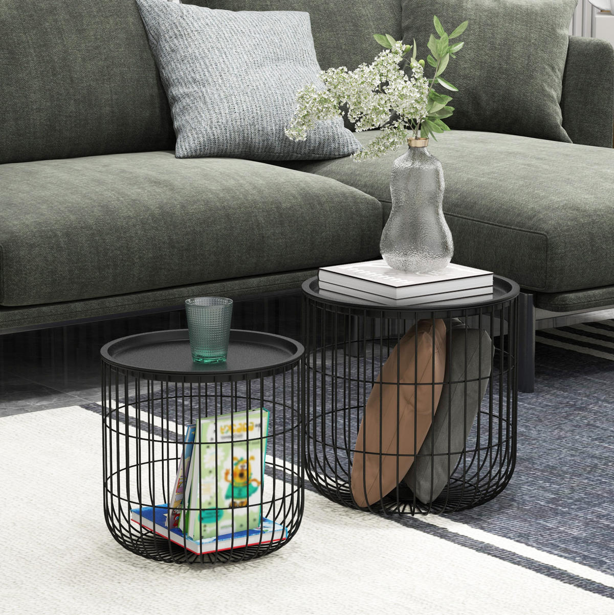 COUCHTISCH Φ40/Φ35 cm Schwarz aus Stahl mit Stauraum - Schwarz, Metall (40/40/40cm) - OKMYHOME