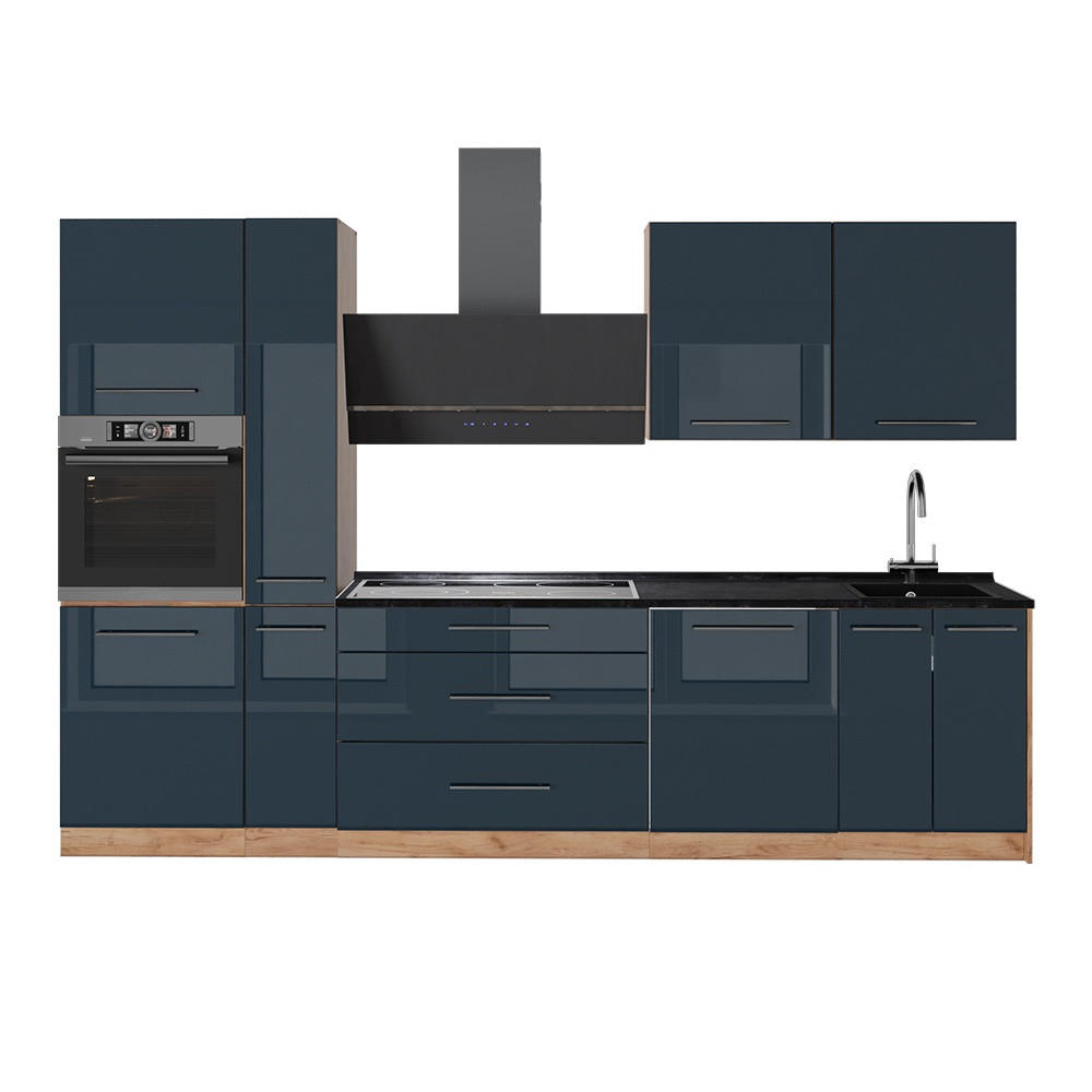 KÜCHENZEILE Fame-Line, Dunkelblau Hochglanz/Goldkraft Eiche, 310 cm, AP Anthrazit - Honigeiche/Dunkelblau, Holzwerkstoff (310/206.8/60cm) - Vicco