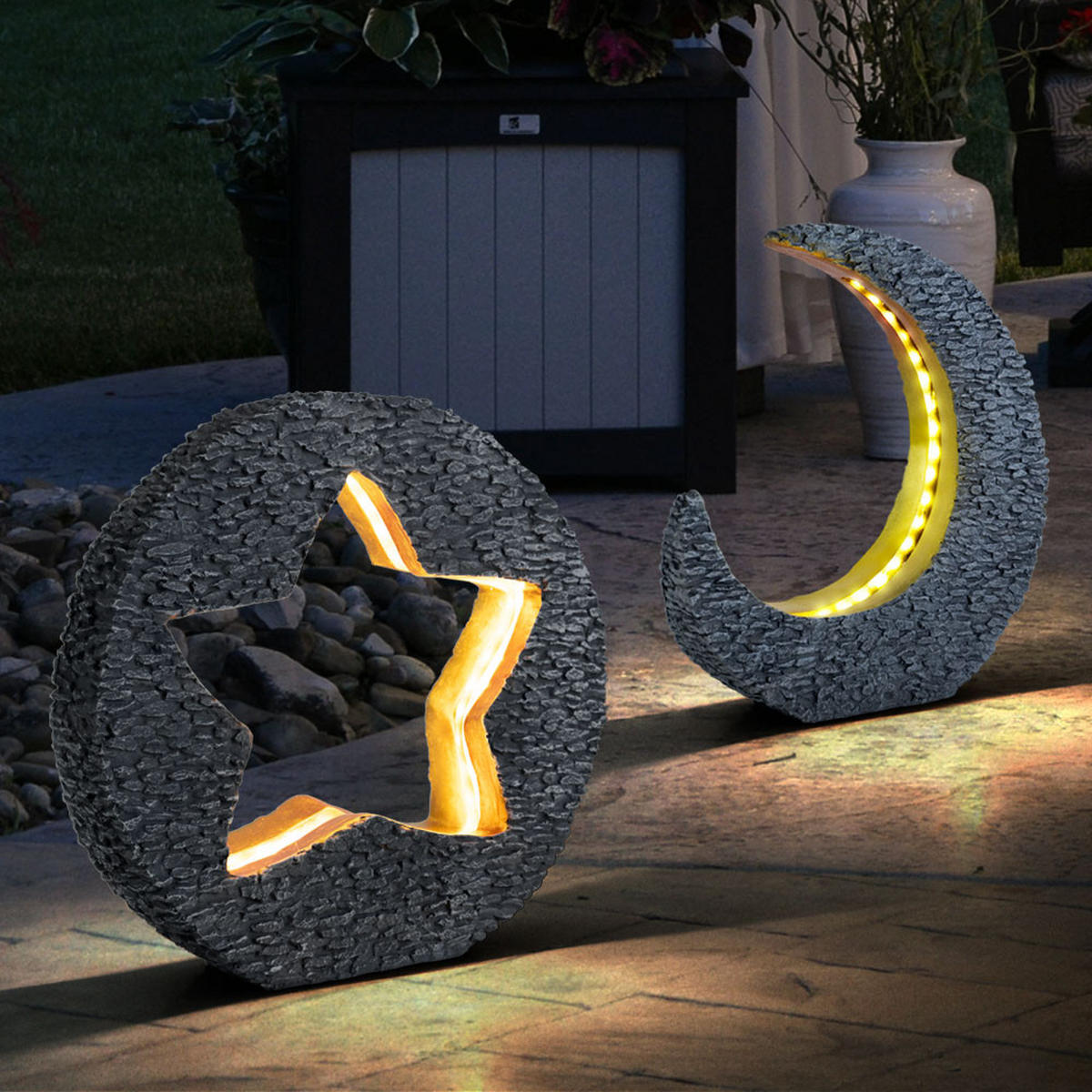 LED AUSSENLEUCHTE Steinoptik Mond Stern 2er Set - Grau, Kunststoff (31.8/8.5/29.5cm) - Globo Lighting