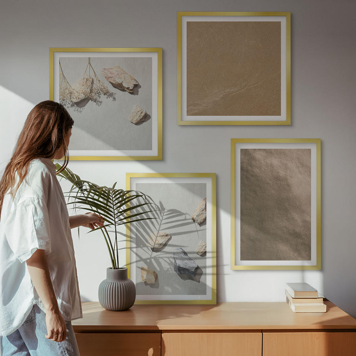 BILDER SET 4er Set - 50x50 cm & 40x60 cm Goldrahmen - Strandsteine natürliche Strukturen - Goldfarben, Kunststoff (50/50cm) - TULUP